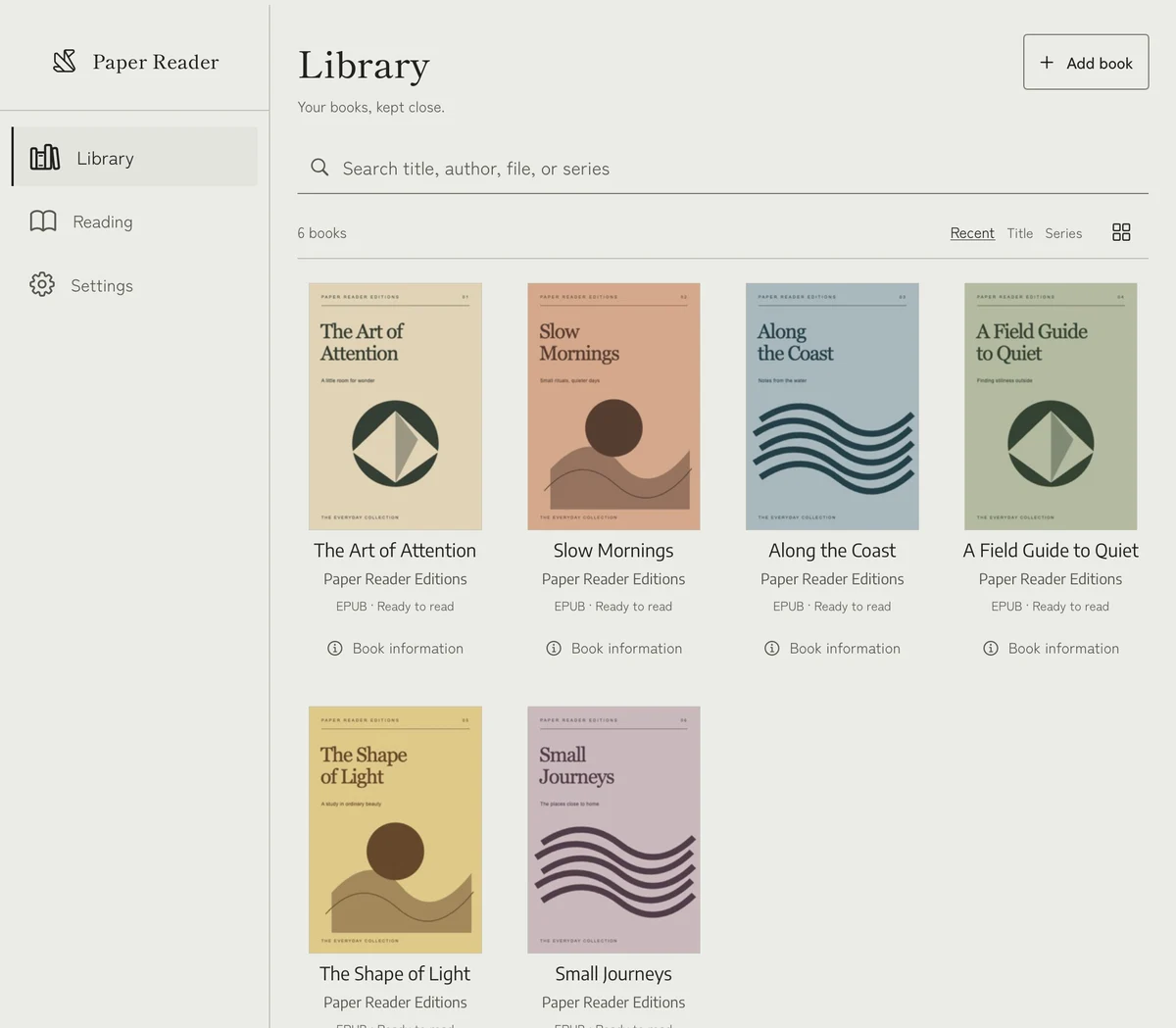 Paper Reader’s iPad library with six books, search, and grid controls