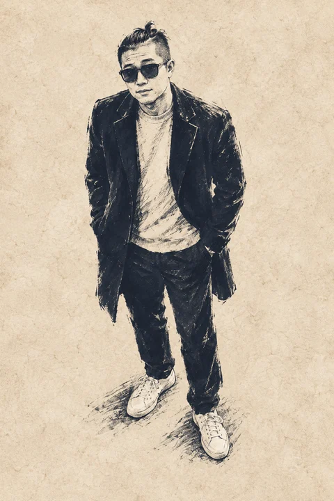 Full-body ink sketch of Kai standing with his hands in his coat pockets, wearing sunglasses and sneakers.